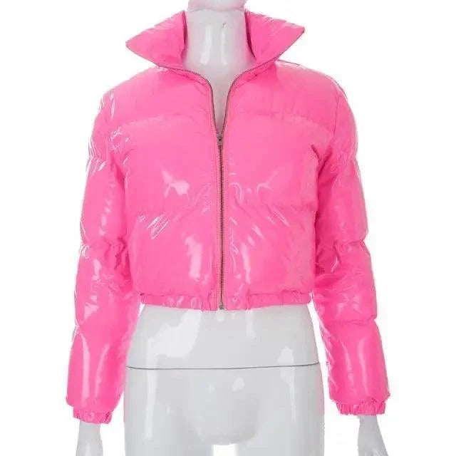 Pink faux PU leather bubble puffer jacket Stevvex ST93334GPS, women's long sleeve zip coat on Tampa Home & Garden Store