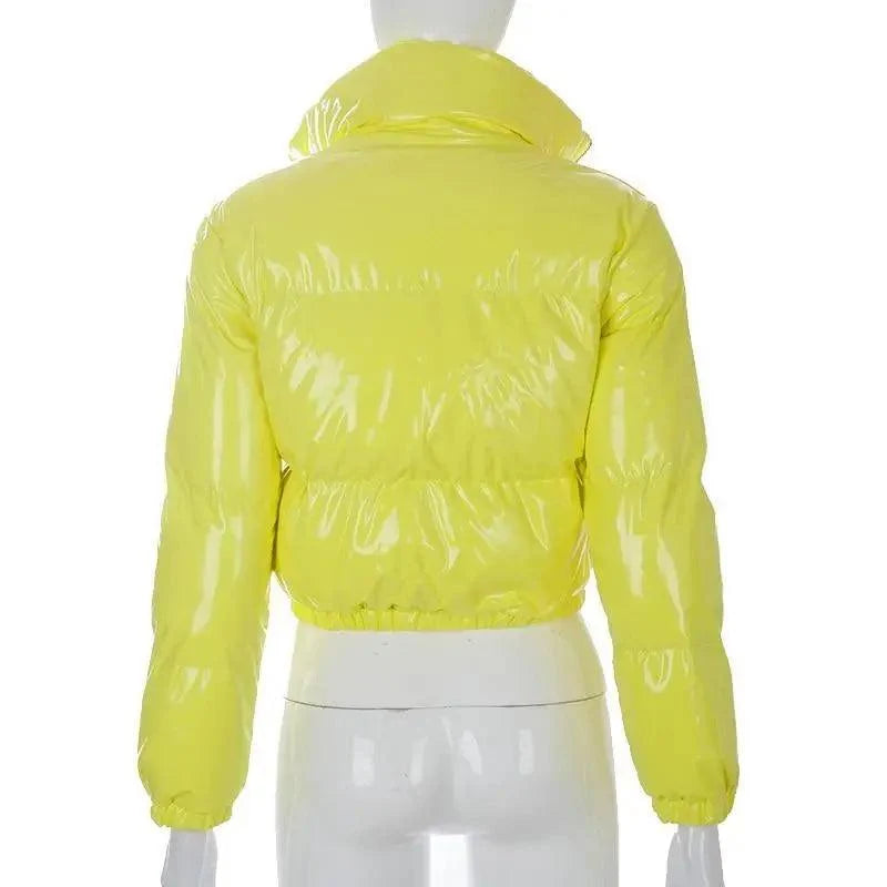 Stevvex neon yellow faux PU leather bubble puffer jacket back view cropped elastic hem on Tampa Home & Garden Store