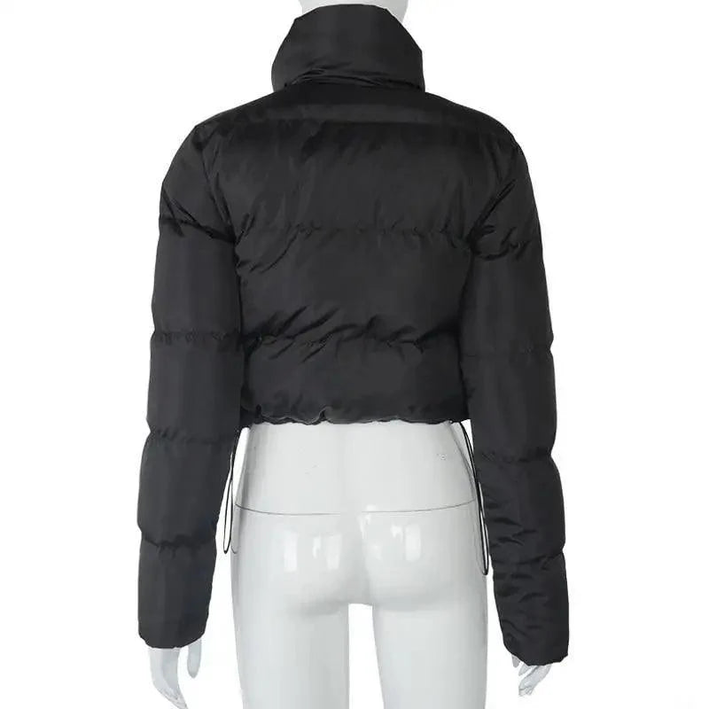 Bubble puffer jacket black faux PU leather Stevvex cropped jacket with collar back view on Tampa Home & Garden Store