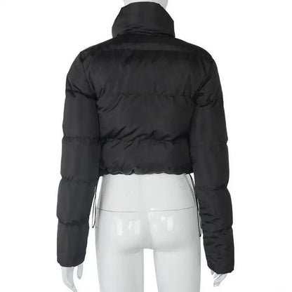 Bubble puffer jacket black faux PU leather Stevvex cropped jacket with collar back view on Tampa Home & Garden Store