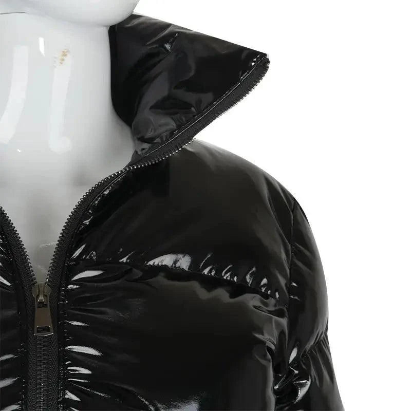 Black faux PU leather bubble puffer jacket with front zip women's long sleeve outerwear on Tampa Home & Garden Store