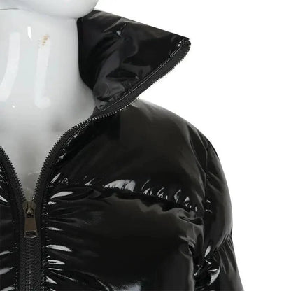 Black faux PU leather bubble puffer jacket with front zip women's long sleeve outerwear on Tampa Home & Garden Store