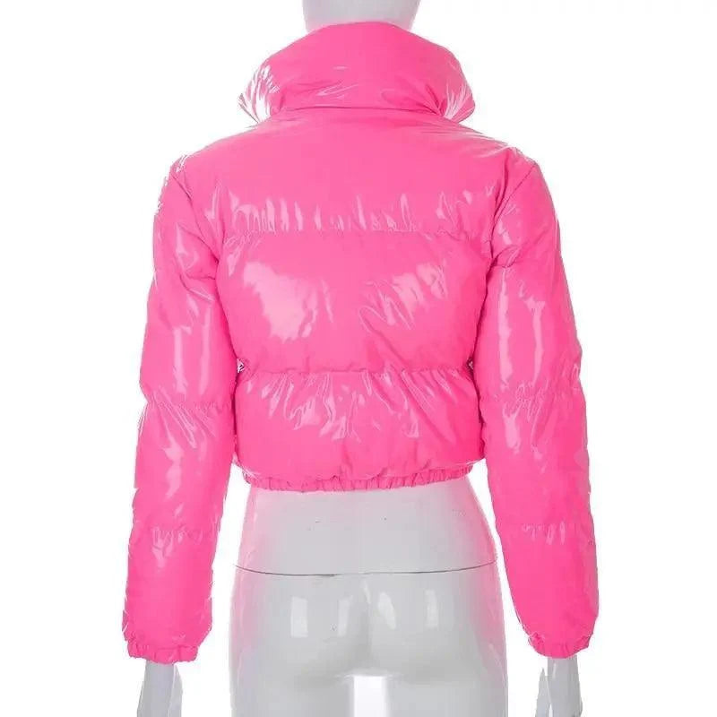 Pink glossy faux PU leather bubble puffer jacket back view with cropped waist Stevvex on Tampa Home & Garden Store