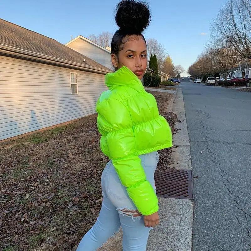 Stevvex neon green faux PU leather bubble puffer jacket, cropped long sleeve outerwear on Tampa Home & Garden Store