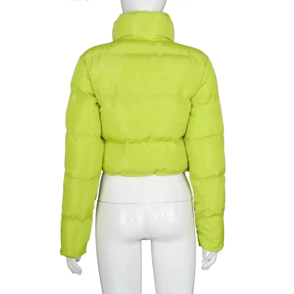Bubble puffer jacket Stevvex, neon lime faux PU leather, cropped length, long sleeves on Tampa Home & Garden Store