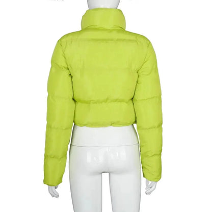 Bubble puffer jacket Stevvex, neon lime faux PU leather, cropped length, long sleeves on Tampa Home & Garden Store