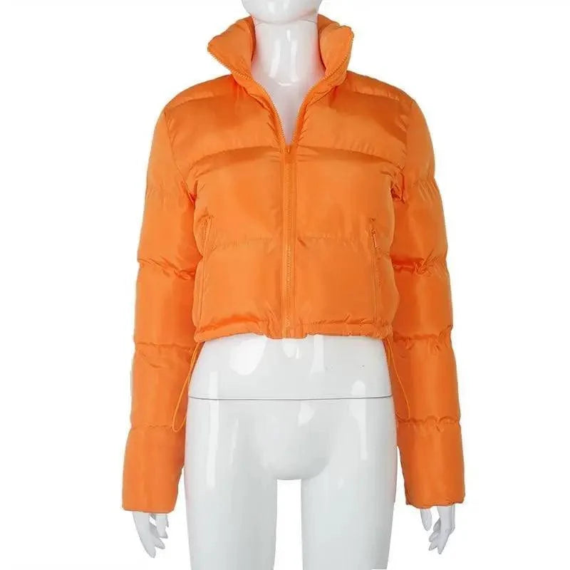 Stevvex orange faux PU leather bubble puffer jacket with zip front cropped winter outerwear on Tampa Home & Garden Store
