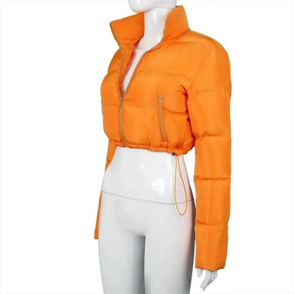 Bubble puffer jacket orange faux PU leather Stevvex cropped waist front zipper on Tampa Home & Garden Store