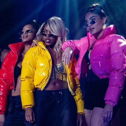 Stevvex faux PU leather bubble puffer jacket trio in red yellow pink on stage models zip closure on Tampa Home & Garden Store