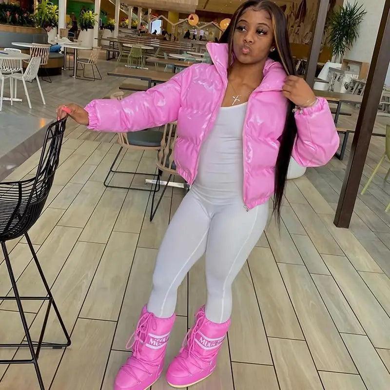 Stevvex pink faux PU leather bubble puffer jacket with zipper, long sleeve winter outerwear on Tampa Home & Garden Store