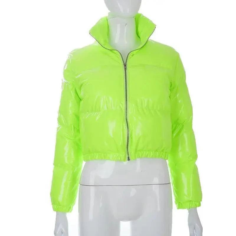 Stevvex neon green faux PU leather bubble puffer jacket for women with zip on Tampa Home & Garden Store