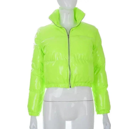 Stevvex neon green faux PU leather bubble puffer jacket for women with zip on Tampa Home & Garden Store