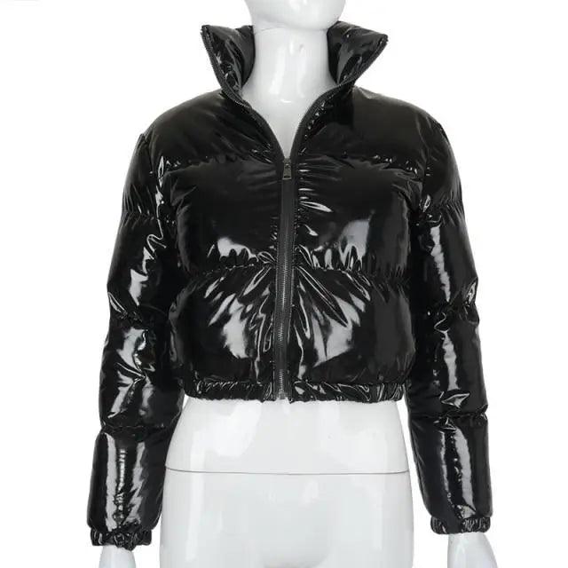 Puffer jacket Stevvex, black faux PU leather, cropped with zip front on Tampa Home & Garden Store