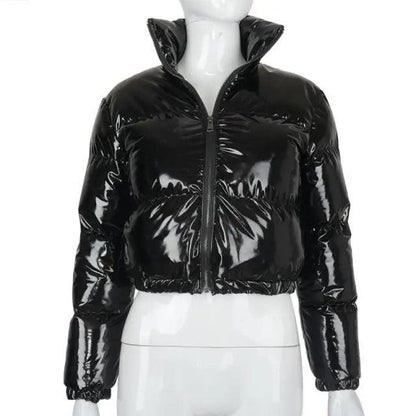 Puffer jacket Stevvex, black faux PU leather, cropped with zip front on Tampa Home & Garden Store