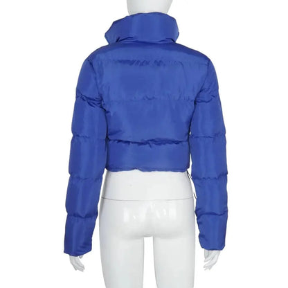Stevvex blue faux PU leather bubble puffer jacket back view, cropped long sleeves on Tampa Home & Garden Store