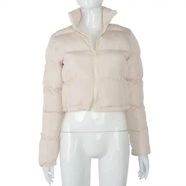 Beige puffer jacket Stevvex faux PU leather cropped with front-zip and stand collar on Tampa Home & Garden Store