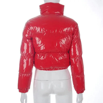 Stevvex red faux PU leather bubble puffer jacket for women, long sleeves, zip closure on Tampa Home & Garden Store
