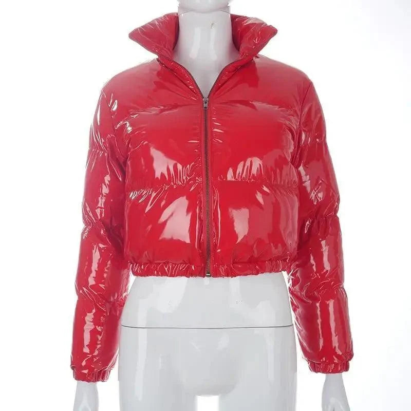 Stevvex faux PU leather bubble puffer jacket red, zip front, cropped hem on Tampa Home & Garden Store