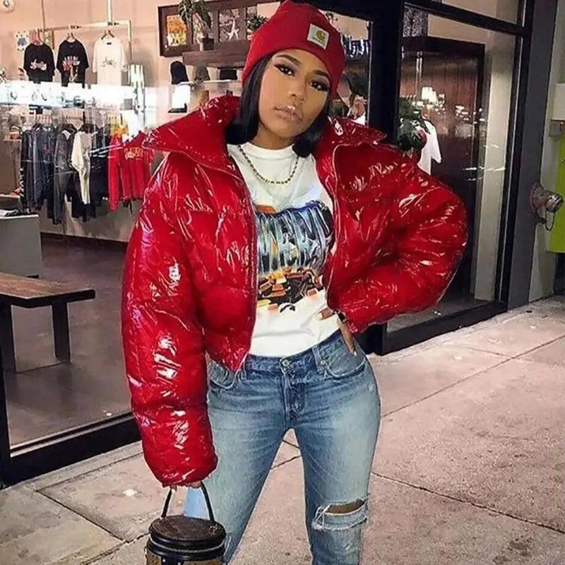 Stevvex red faux PU leather bubble puffer jacket worn by woman long sleeve slim fit on Tampa Home & Garden Store