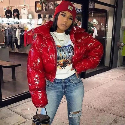 Stevvex red faux PU leather bubble puffer jacket worn by woman long sleeve slim fit on Tampa Home & Garden Store
