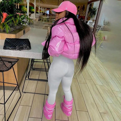 Stevvex pink faux PU leather bubble puffer jacket for women, long sleeve zip outerwear on Tampa Home & Garden Store