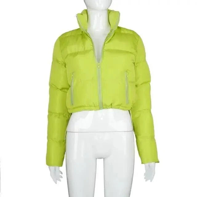 Stevvex neon lime faux PU leather bubble puffer jacket, cropped length, zip front on Tampa Home & Garden Store