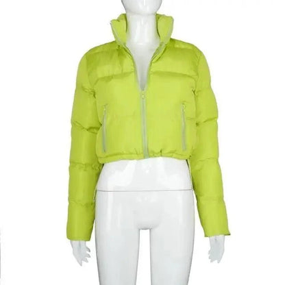 Stevvex neon lime faux PU leather bubble puffer jacket, cropped length, zip front on Tampa Home & Garden Store