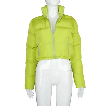 Neon lime faux PU leather bubble puffer jacket for women, cropped with zip front on Tampa Home & Garden Store