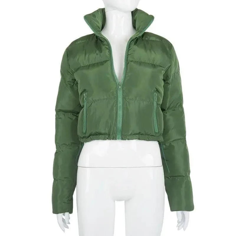 Cropped green faux PU leather bubble puffer jacket by Stevvex zip front and side pockets on Tampa Home & Garden Store
