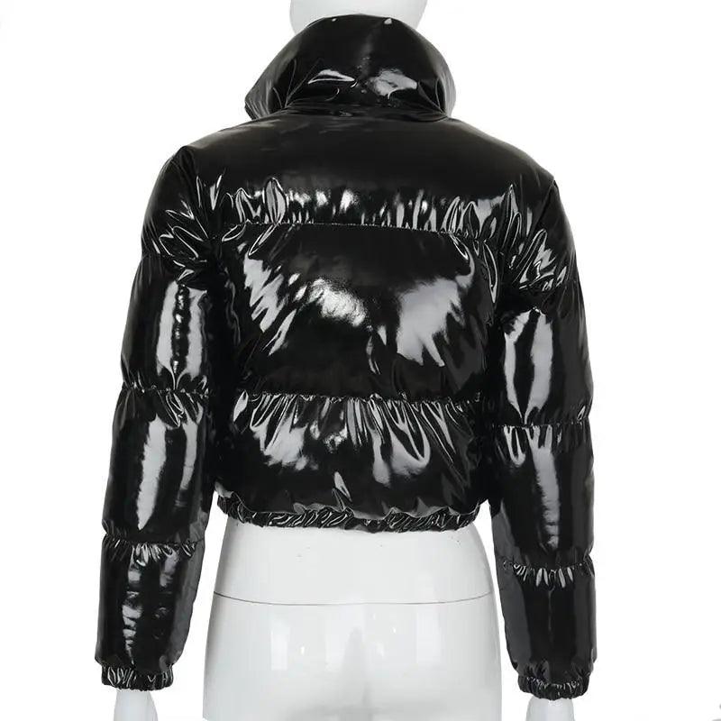 Women's black glossy faux PU leather bubble puffer jacket with elastic hem Stevvex on Tampa Home & Garden Store