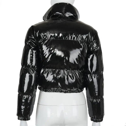 Women's black glossy faux PU leather bubble puffer jacket with elastic hem Stevvex on Tampa Home & Garden Store