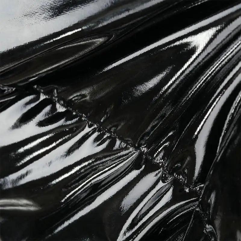 Stevvex faux PU leather bubble puffer jacket glossy black fabric close-up on Tampa Home & Garden Store