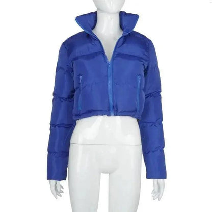 Faux PU leather bubble puffer jacket cropped blue with front zipper Stevvex on Tampa Home & Garden Store