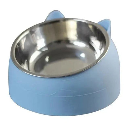 Durable stainless steel cat and dog bowl by Stevvex, blue cat-ear base with stainless insert on Tampa Home & Garden Store