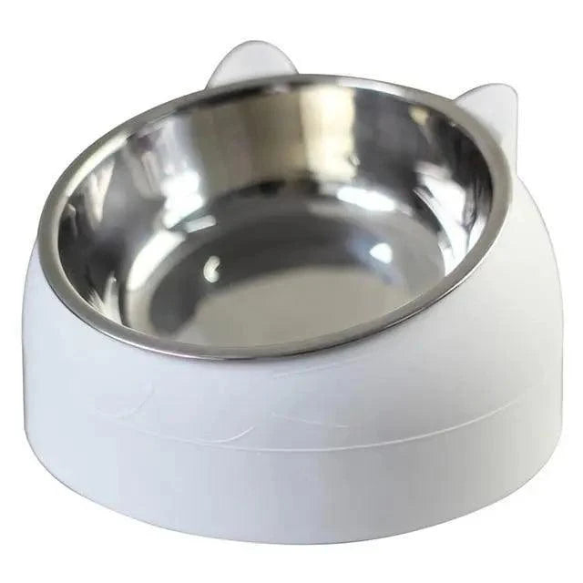 Durable stainless steel cat and dog bowl with white plastic base on Tampa Home & Garden Store