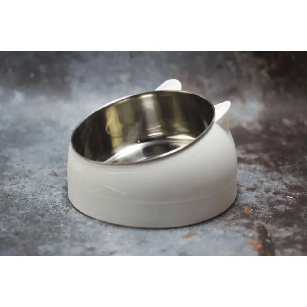 Durable stainless steel cat and dog bowl by Stevvex with white plastic base on Tampa Home & Garden Store