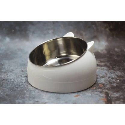 Durable stainless steel cat and dog bowl by Stevvex with white plastic base on Tampa Home & Garden Store