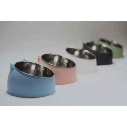Durable stainless steel pet bowls with silicone sleeves by Stevvex, color-coded set of 5 on Tampa Home & Garden Store