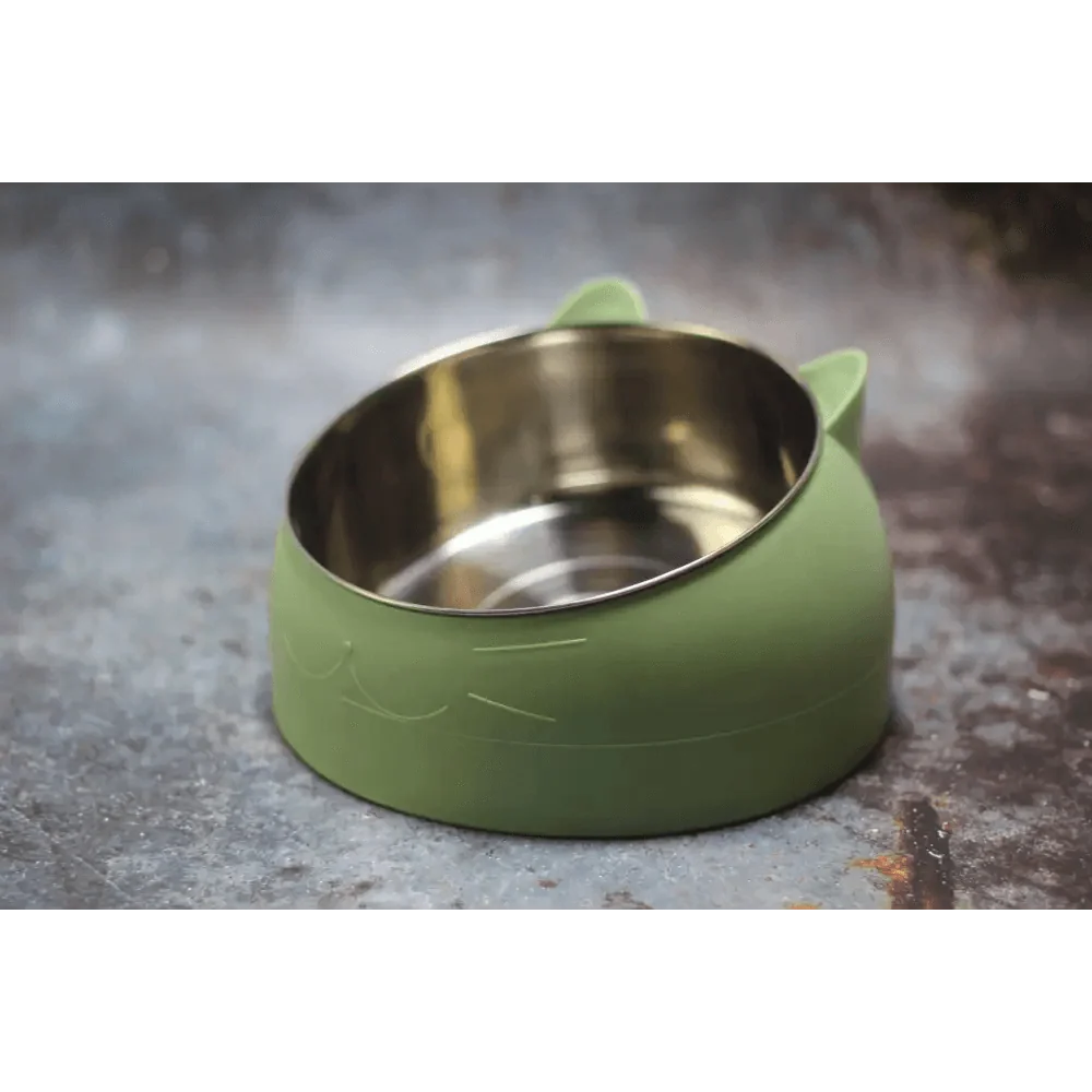Durable stainless steel cat and dog bowl by Stevvex, green silicone cat-ear design on Tampa Home & Garden Store