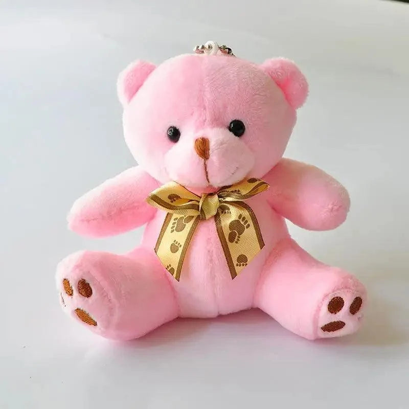 Teddy bear plush toy pink with gold ribbon bow, Stevvex soft mini stuffed animal pendant on Tampa Home & Garden Store