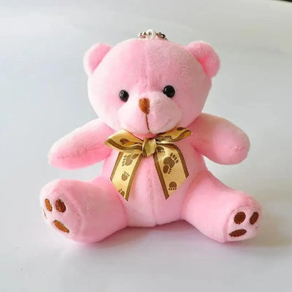 Teddy bear plush toy pink with gold ribbon bow, Stevvex soft mini stuffed animal pendant on Tampa Home & Garden Store