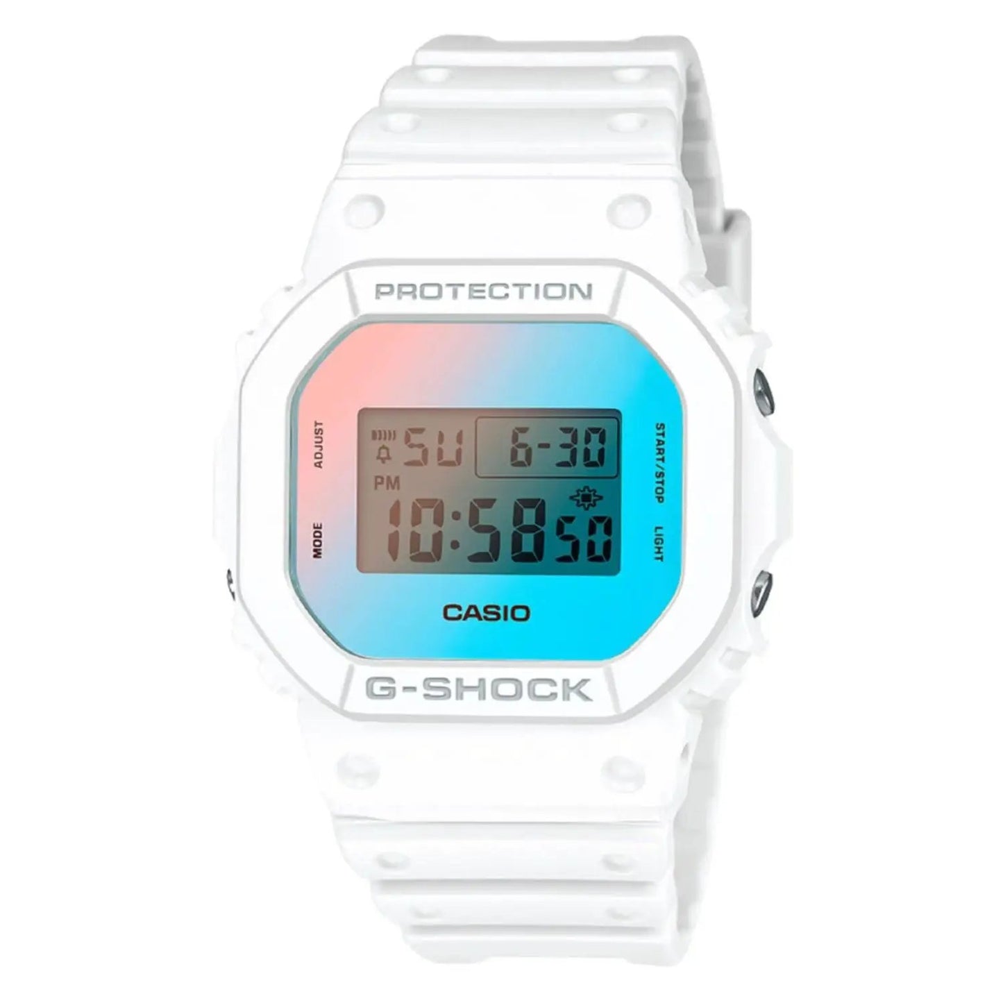 Casio G-Shock digital watch white resin strap with iridescent rainbow face on Tampa Home & Garden Store