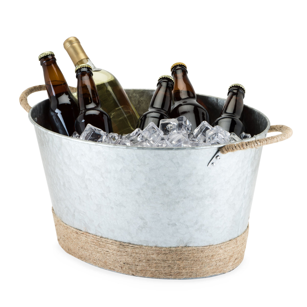 Jute rope wrapped galvanized ice bucket Twine Living with several beer bottles and ice on Tampa Home & Garden Store