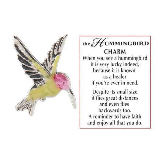 Hummingbird pocket charm with yellow body, silver wings, pink bead on Tampa Home & Garden Store
