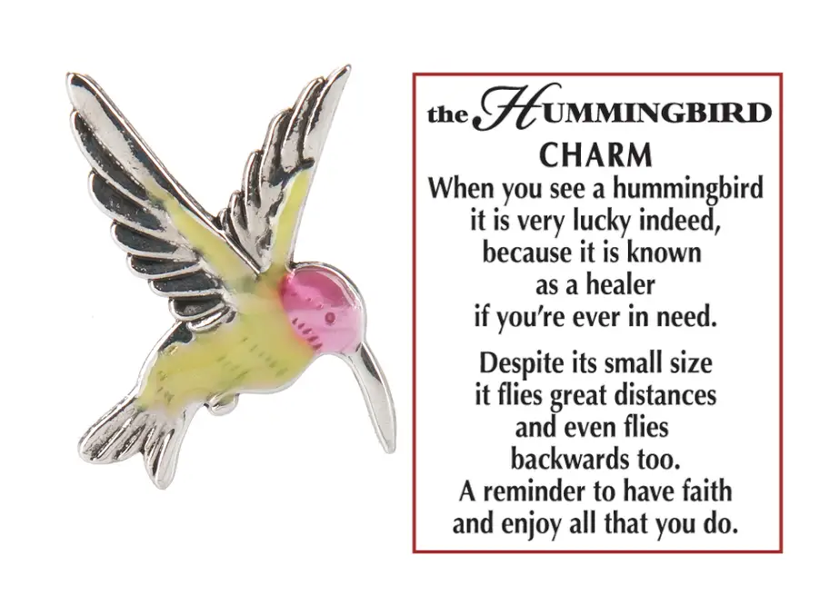 Hummingbird Pocket Charm pendant, yellow body and pink head with silver wings, for luck and joy on Tampa Home & Garden Store