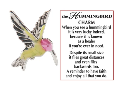 Hummingbird Pocket Charm pendant, yellow body and pink head with silver wings, for luck and joy on Tampa Home & Garden Store
