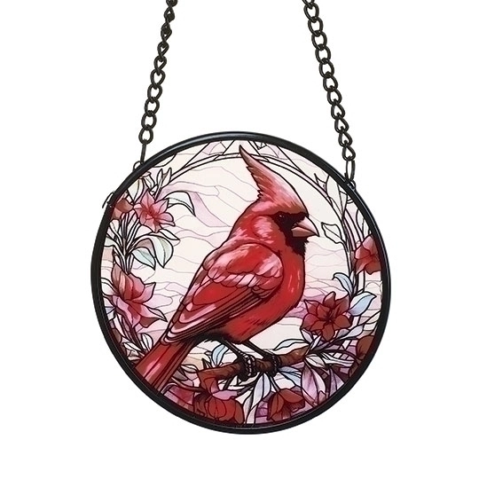 Cardinal Stained Glass Round Suncatcher red cardinal on pink flowers in circular frame with chain on Tampa Home & Garden Store