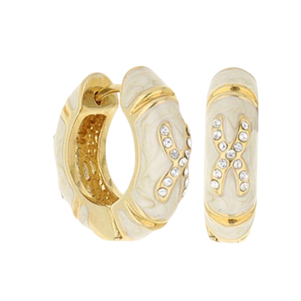 Elegant Hugs Earrings enamel hoops with white marbled enamel and gold-tone trim and X motif on Tampa Home & Garden Store
