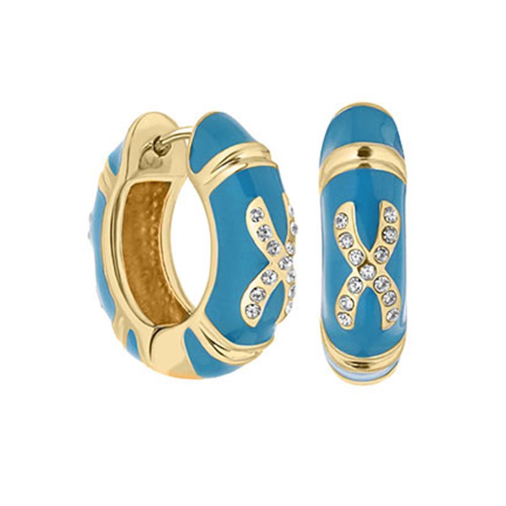 Lauren G Adams Elegant Hugs enamel earrings, blue enamel with gold-tone trim and crystal-studded X motif, hoop-style pair on Tampa Home & Garden Store