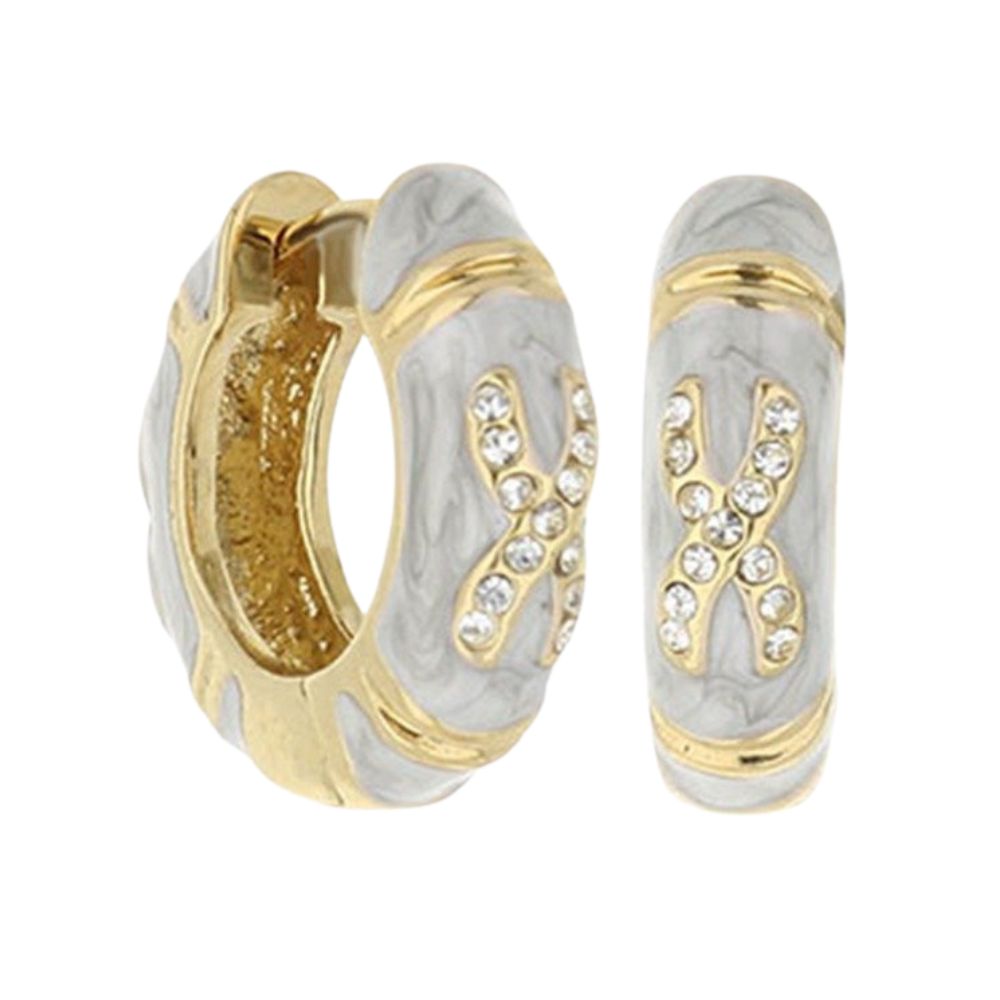 Elegant Hugs Earrings, pair marble gray enamel hoops with gold trim and crystal X accents on Tampa Home & Garden Store